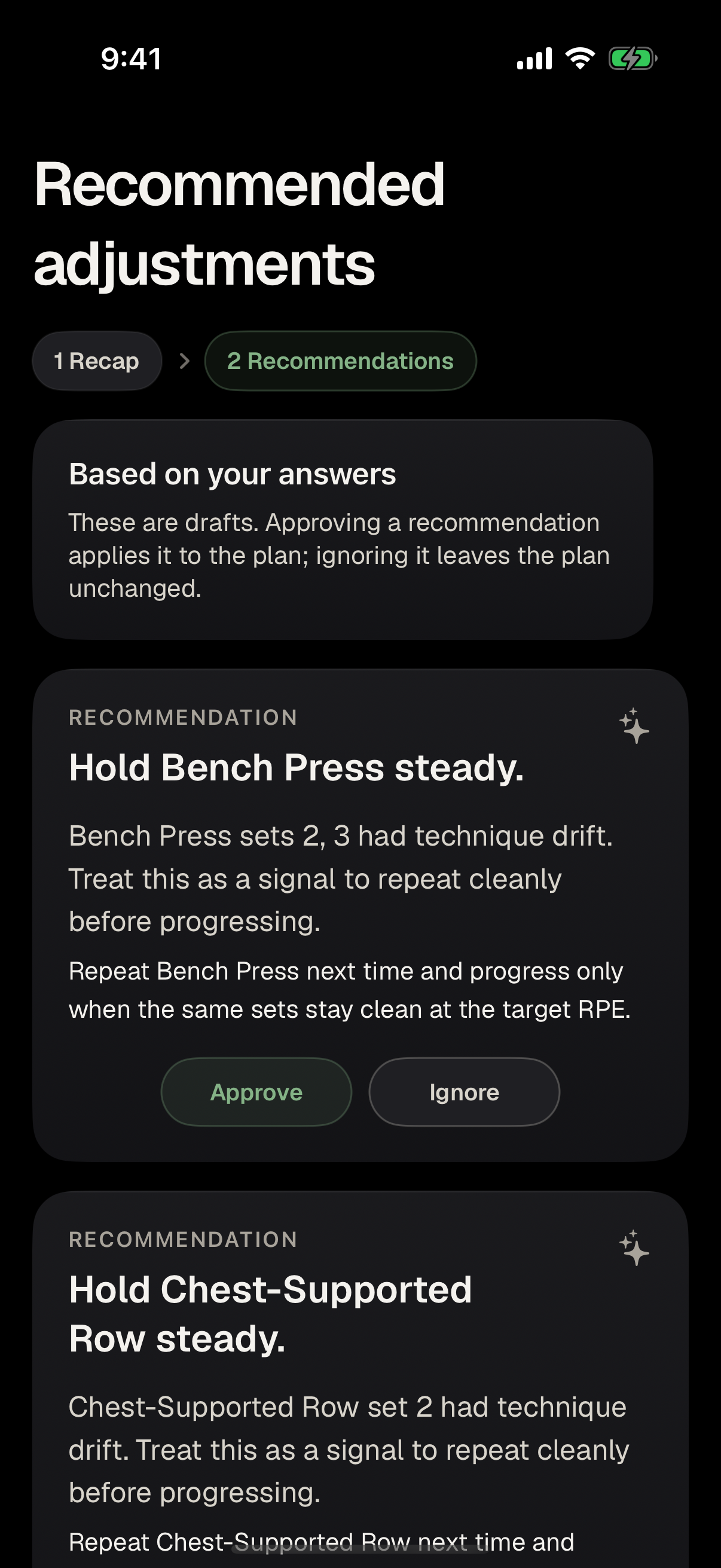 Lean native Recommended Adjustments screen
