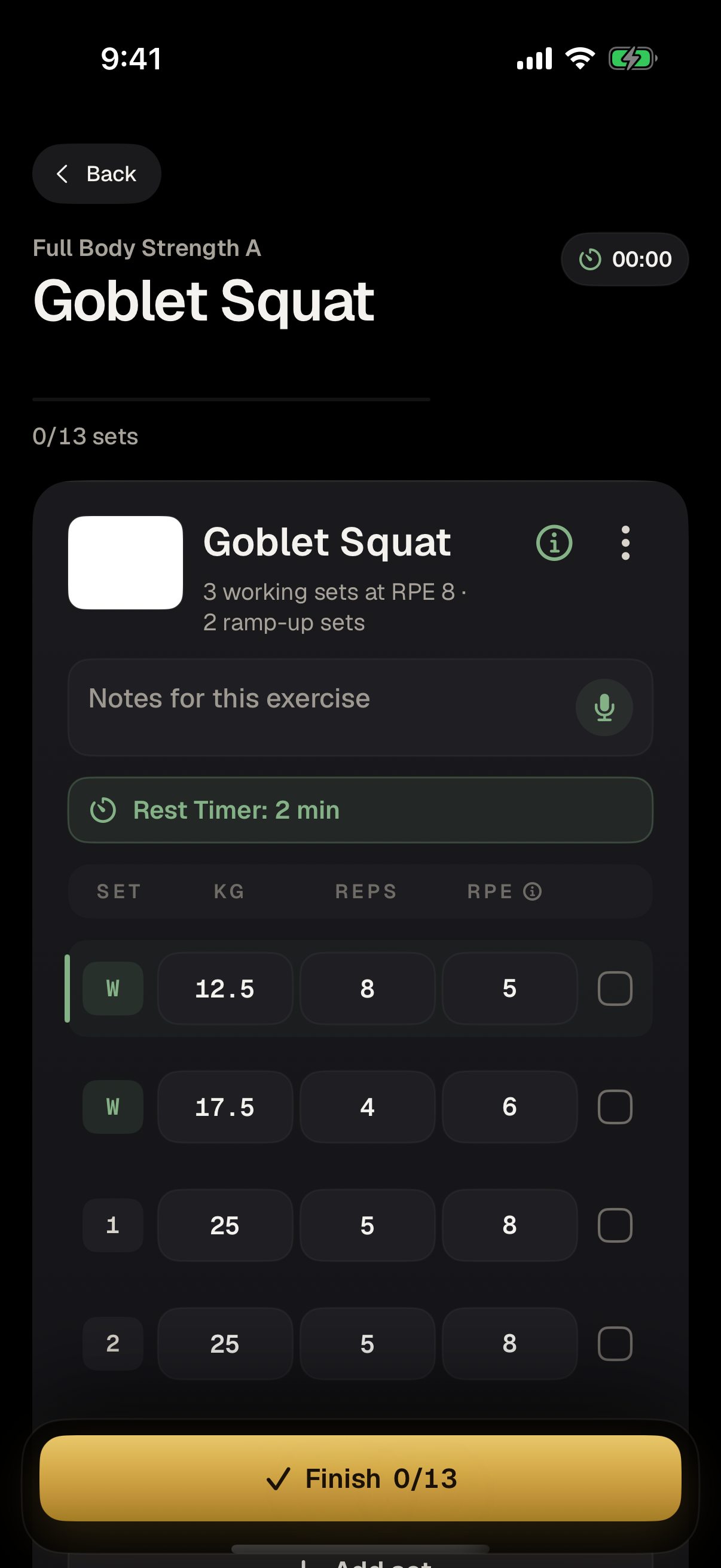 Lean native workout logging screen with sets, RPE, notes, and rest timer